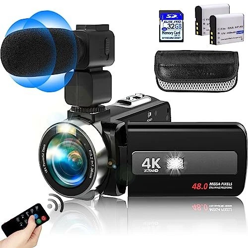 HD 4K Video Camera Camcorder with Microphone, Video Recorder Camera with IR