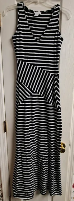 Cache Maxi Dress Womens XS Black White Asymmetric Stripe Sleeveless Knit