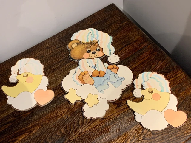 Vintage Teddy Beddy Bear Nursery Decor Wall Hanging Plaque Set Morgan Inc 3 pcs