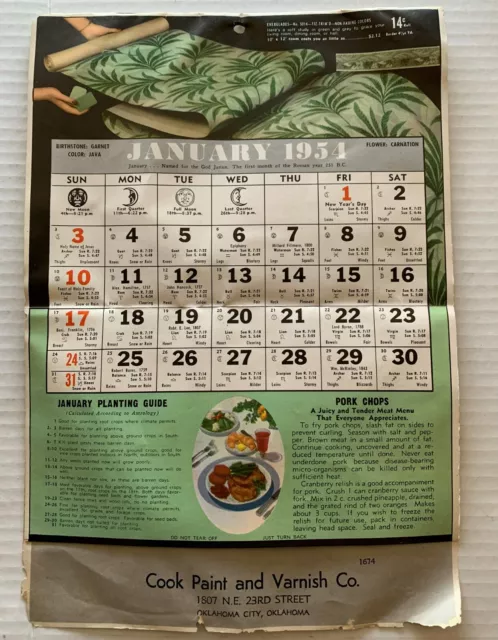 Vtg 1954 Wallpaper Calendar Recipes Cook Paint & Varnish Oklahoma City Advertise