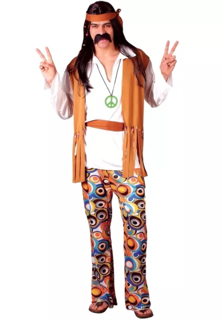 Adult WOODSTOCK HIPPIE Hippy 60s 70s Flower Power Fancy Dress Costume Male Mens