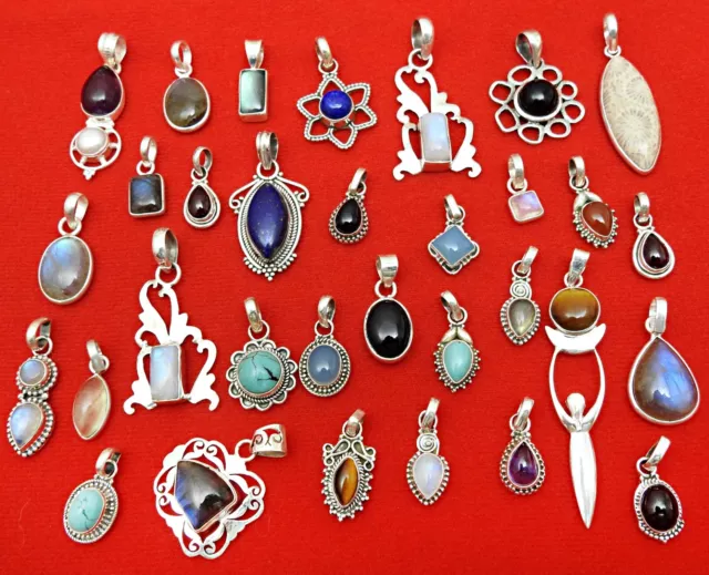 Assorted Gemstones 925 Sterling Silver Chunky Pendants Lot Handmade Jewelry