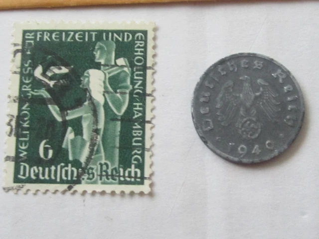 WW2 German NAZI ONE Reichspfennig Coin & Hitler Stamp  (1940-D coin + 6 Stamp)