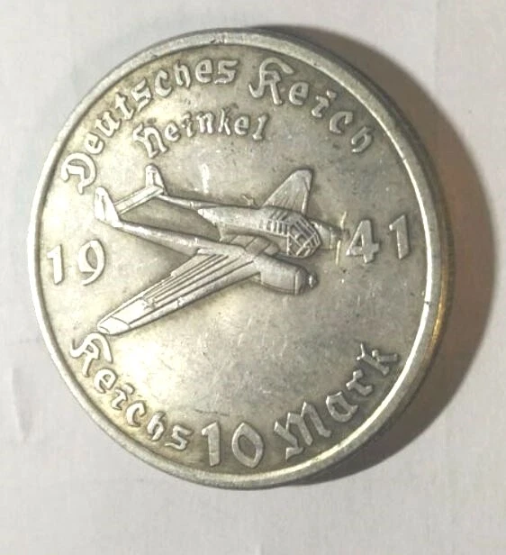 Piece Hitler 1941 10 RM Reichsmark Coin Avion Heinkel Plane ww2 German Münze