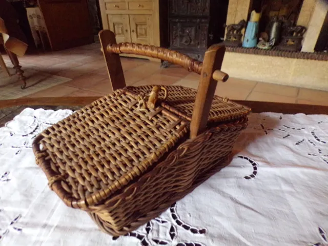 Ancien panier à goûter en osier et bois,campagne,art populaire,XXe siècle