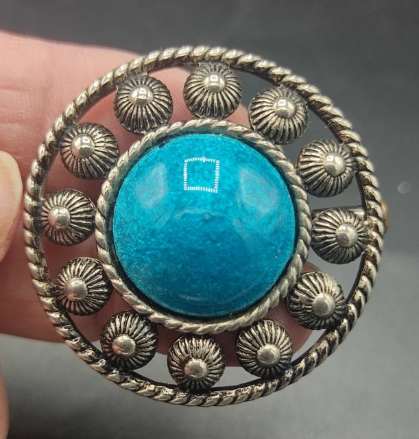 Broche émail Bleu Turquoise Sur Paillon Argent - Marque Limoges - Occasion Bon état
