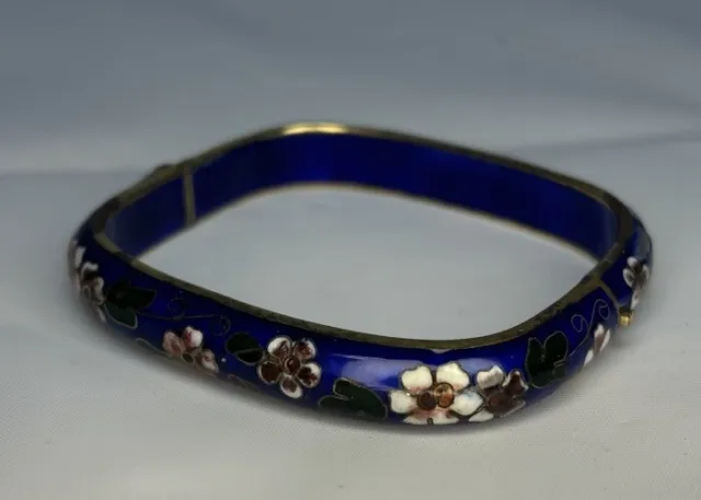 VTG Cloisonne Enamel Square Hinged Clamper Bangle Bracelet Cobalt Blue Floral