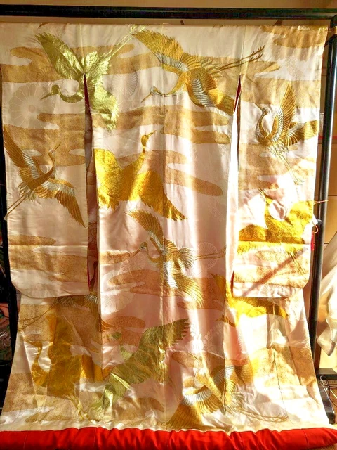 Giapponese Kimono Seta Uchikake Vintage Splendido Matrimonio Oro Argento Foglia