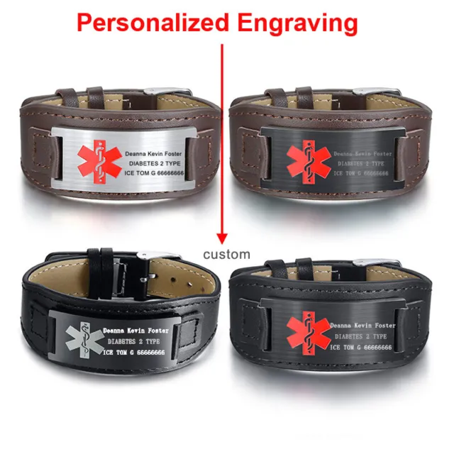 Personalized Genuine Leather Medical Alert ID Men's Bracelet Cuff Free Engraving