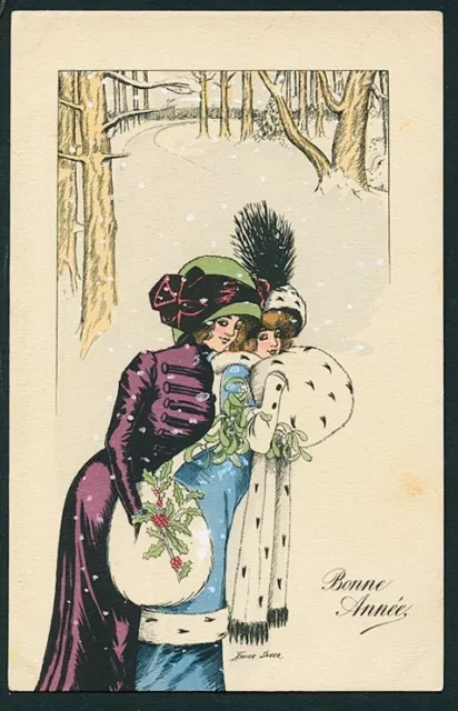 French 1915 ART NOVEAU Era HAND Applied WATERCOLORS Art SAGER Happy NEW YEAR 2