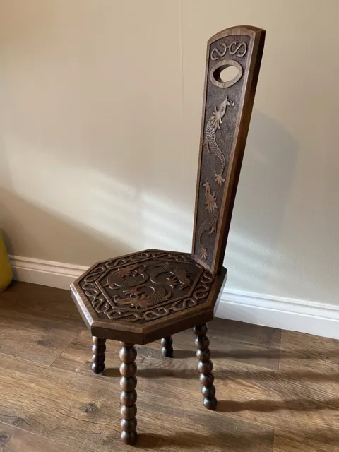 Arts & Crafts Spinning Chair With Carved Sea Serpents On Bobbin Legs