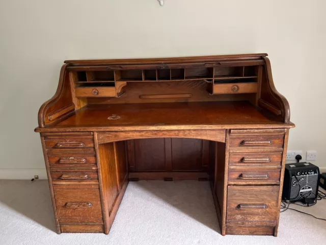 Antique Oak Roll Top Desk with draws and shelves, good condition