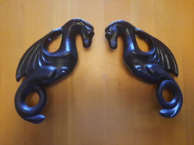 Pair of Cast Iron Vermont Castings Warming Shelf Dragon Brackets - Not Enameled