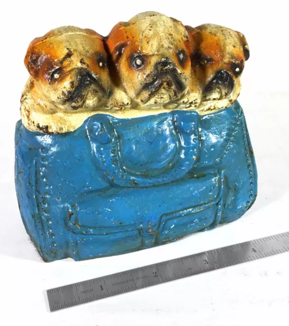Antique 3 Bulldogs in Satchel Cast Iron Bank - Original paint (Circa 1920's)