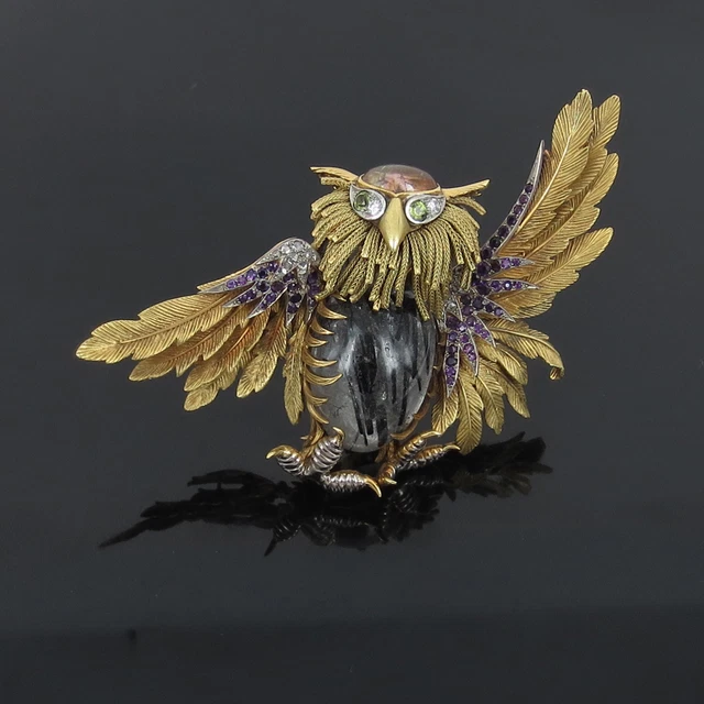 Vintage French Diamond & Gemstone Hand Carved 18K Gold Large Horned Owl Brooch