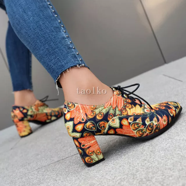 Spring Women Pointed Toe Low Top Pumps Lace Up Floral Print 6cm Block Heel Shoes