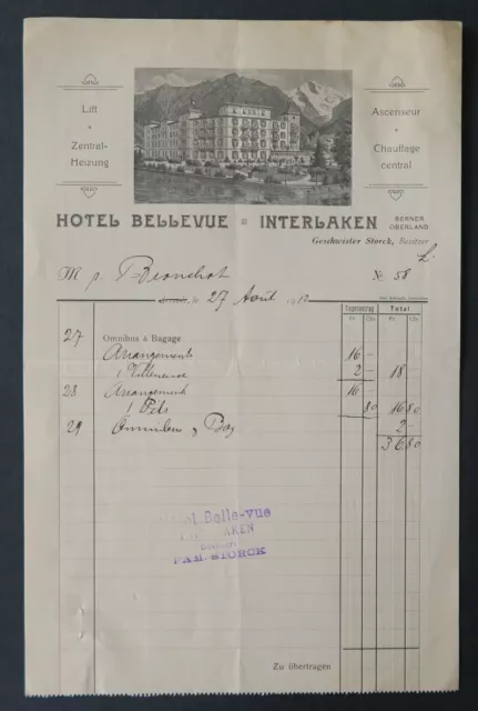Facture 1912 HOTEL BELLEVUE INTERLAKEN OBERLAND SUISSE entête illustrée 21