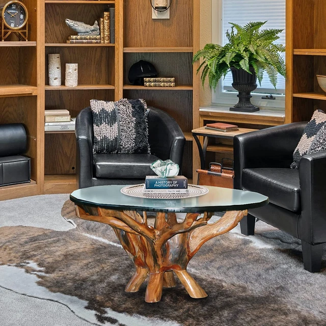 Teak Root Coffee Table Including 43 Inch round Glass Top, Made from Solid A-Grad