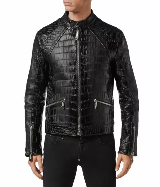 Men's Crocodile Alligator Motorcycle Black Faux Leather Biker Jacket
