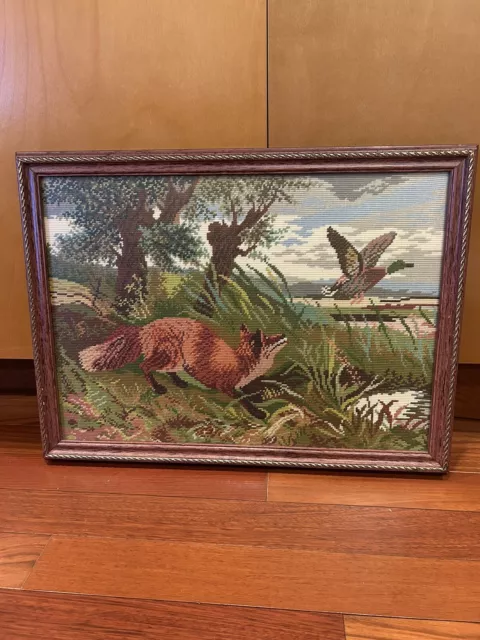 Framed Needlepoint Red Fox Chasing Mallard Duck Wooded Nature Scene 21”X16”