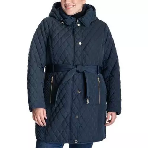 Michael Kors Women's Plus Size Hooded Belted Quilted Coat 2X Navy Blue