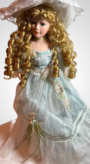 Victorian Vintage Cathay Collection Porcelain Doll Blond Curly Hair Blue Lace