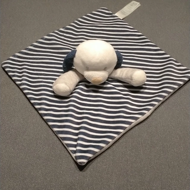 doudou plat chien blanc gris rayé rayures bleu marine OBAIBI Okaidi