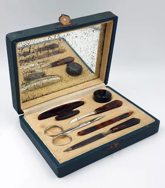 1930's Art Deco faux tortoiseshell manicure set in box with mirror