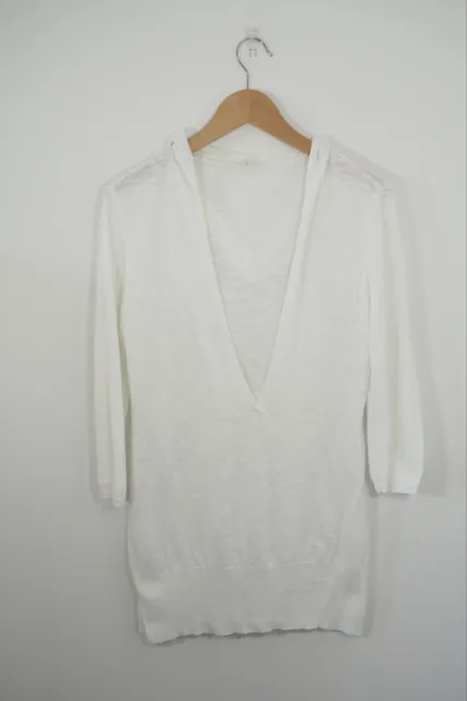 Eileen Fisher weiß Leinenmischung tiefer V-Ausschnitt Pullover Hoodie Pullover Größe XS