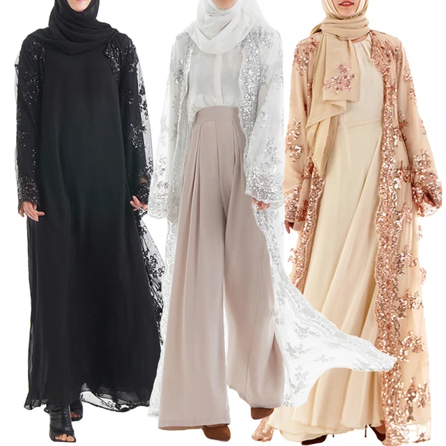 Dubai Open Abaya Muslim Women Maxi Dress - Floral Kaftan Jilbab Robe, Black, SF102