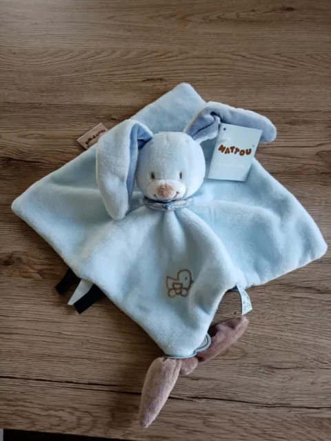 Doudou Plat Carré Nattou Lapin Bibou Bleu/Marron Poussin Foulard 26/26Cm Neuf