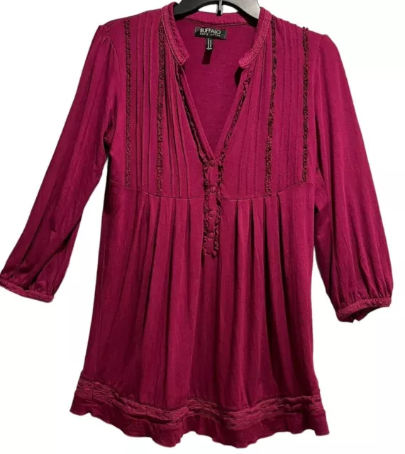 Buffalo David Bitton Nuevo Top Womens Large Pintuck Ruffled Crochet Wild Orchid