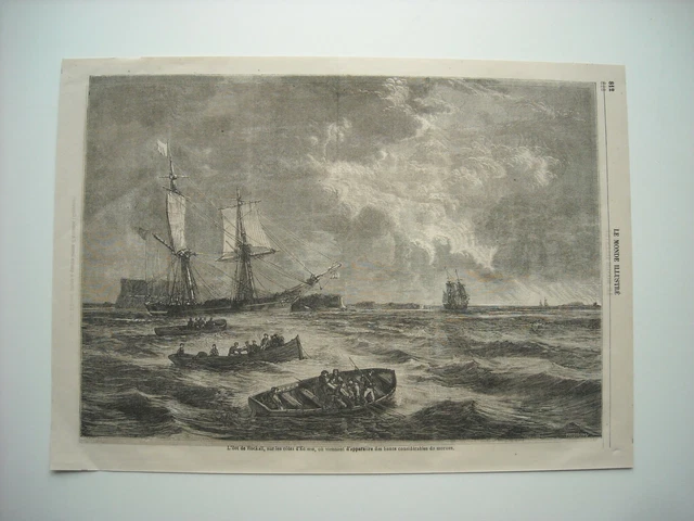 Gravure 1861. L'ilot De Rockall, Sur Les Cotes D'ecosse,  Bancs De Morues.
