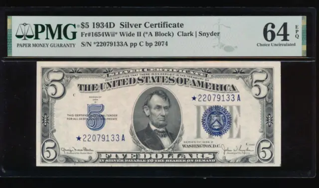 AC 1934D $5 Silver Certificate wide II *star* PMG 64 EPQ Fr 1654*
