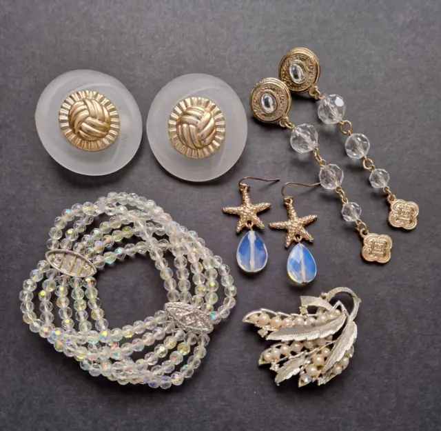 Vintage Jewellery Job Lot Brooch Bracelet Earrings - Lucite Crystal Pearl Glass