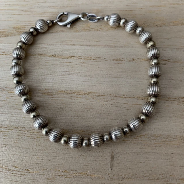 vtg sterling silver bead bracelet 1/4” w ribbed w/spacers