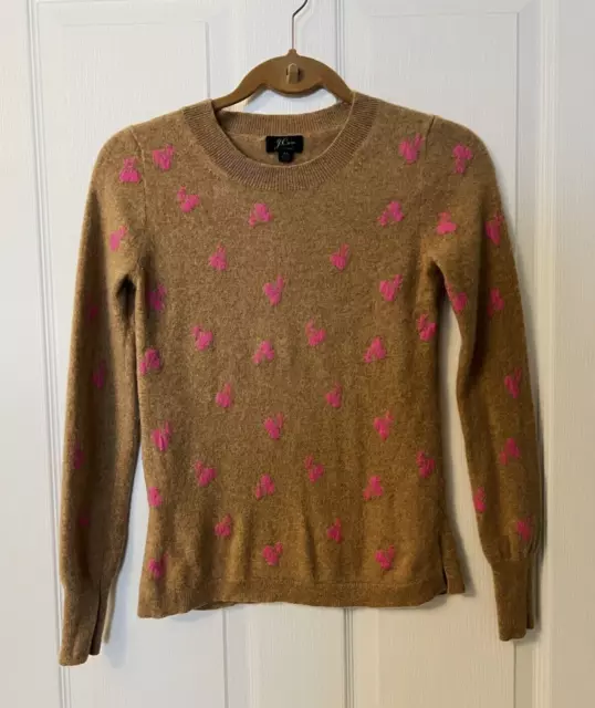 J Crew Long Sleeve Pullover Cashmere Sweater Camel/Tan With Pink Cherries Sz XS