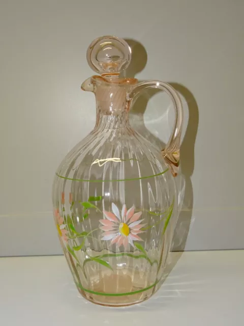 *JOLIE ANCIENNE CARAFE en VERRE Soufflé Rose décor fleurs Marguerites peintes  D