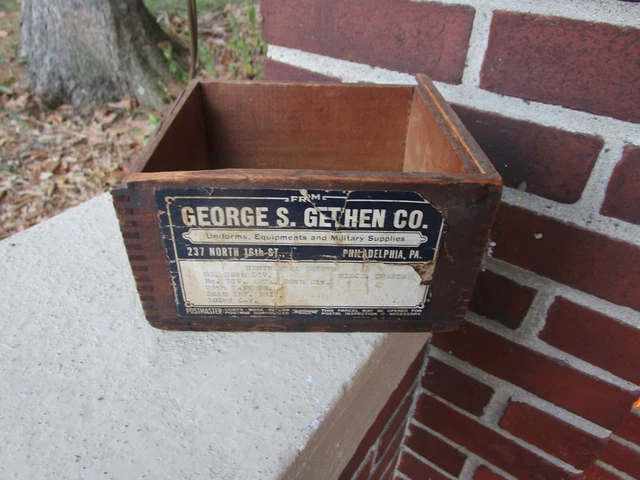 Vintage Advertising Military Wooden Crate Wood Box Gethen Philadelphia Pa Crests