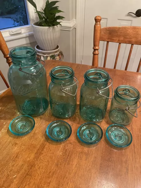 Vintage Set of 4 Aqua Blue Glass Ball IDEAL Mason Jar Bicentennial Wire Lock&Lid