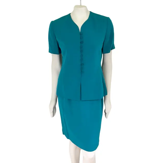 AMANDA SMITH 100% Silk Skirt Suit Set in Teal WOMEN'S 8 PETITE Short sleeve