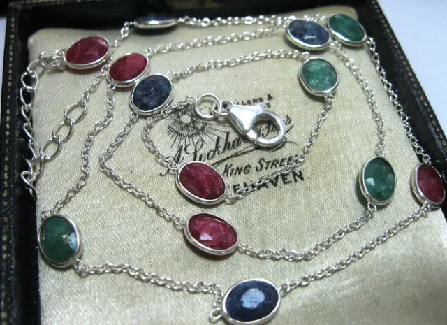 Sterling Silver Ruby Sapphire Emerald Gem Stone Bezel Chain Necklace 19.5" Long