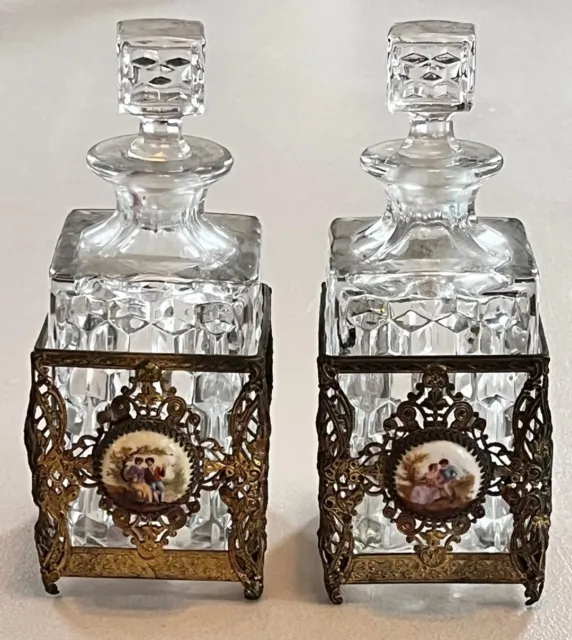 2 Vintage Cut Crystal 1950's Liquor Decanters in Brass Stands Porcelain Inlay