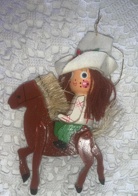 ADORABLE Vintage RED-HEADED GIRL COWGIRL on HORSE Carved Hand Ptd ORNAMENT