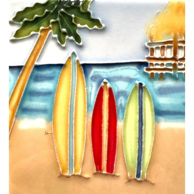 Surfboard Beach Palm Tree Tiki Hut 4x4 Decorative Ceramic Wall Art Tile New Bath