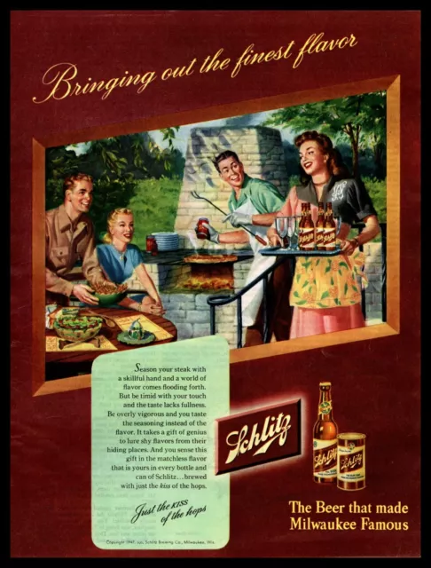1947 Schlitz Beer Bottles Grilling Steaks On Backyard BBQ Patio Vintage Print Ad