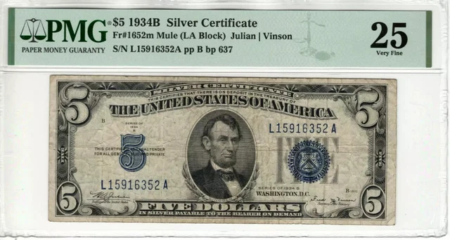 1934 B $5 SILVER CERTIFICATE NOTE FR.1652m MULE BACK PLATE 637 PMG VF 25 (352A)