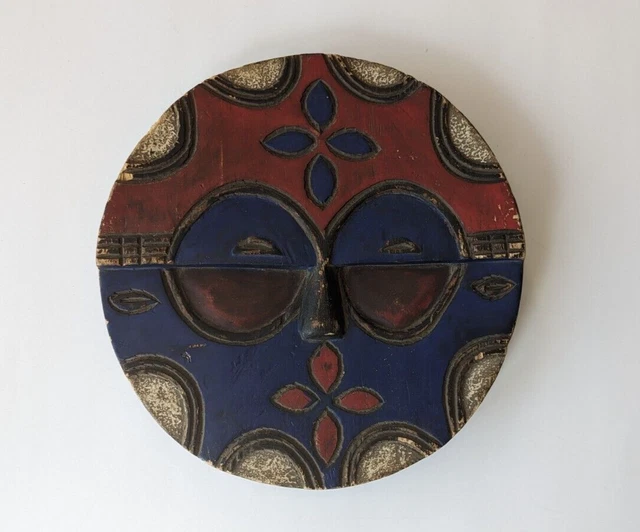 African Hand Made Carved Round Wood Mask Tribal Multi Colored