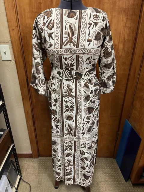 Vtg LOUNGEES 60s Hawaiian Tribal Maxi Lounging Gown Back-Zip Bell Sleeve Dress S