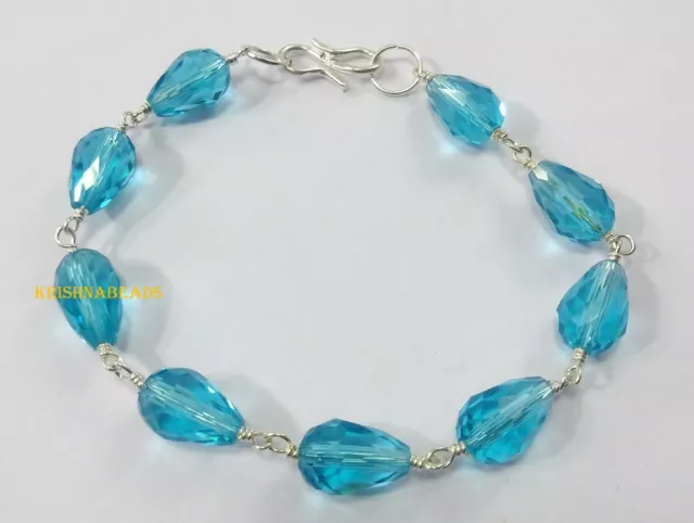 7"Inch Bracelet Blue Topaz Hydro Teardrops 8x12mm Silver Plated Wire Wrapped